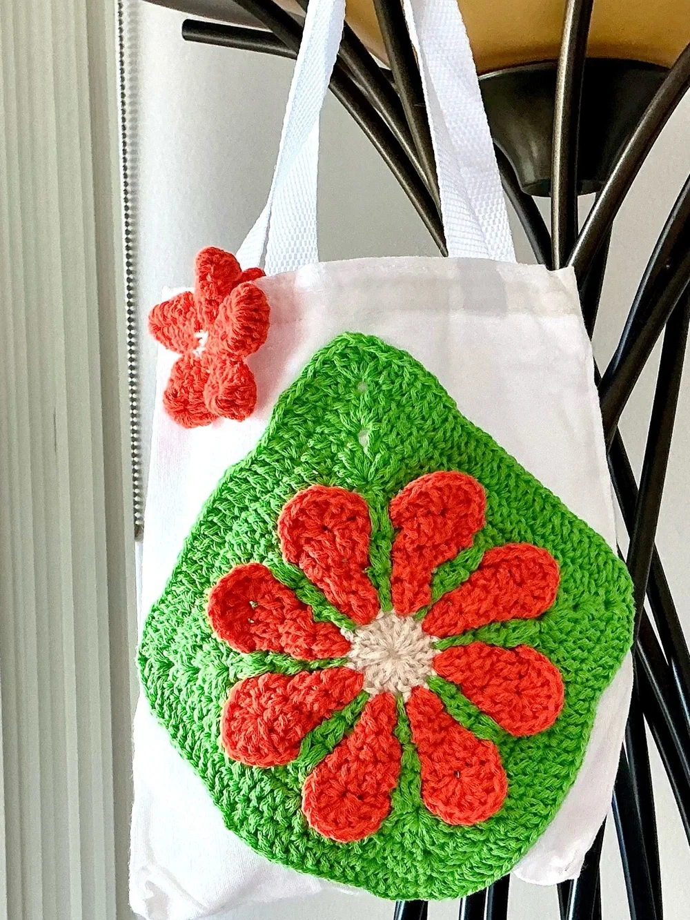 Small White Canvas Tote with Green & Orange Crochet Flower Accent